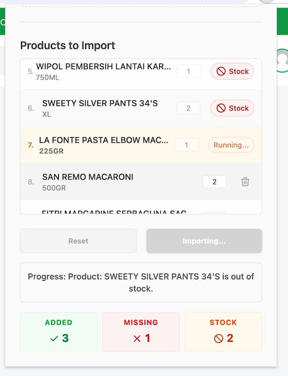 Screenshot: Proses import