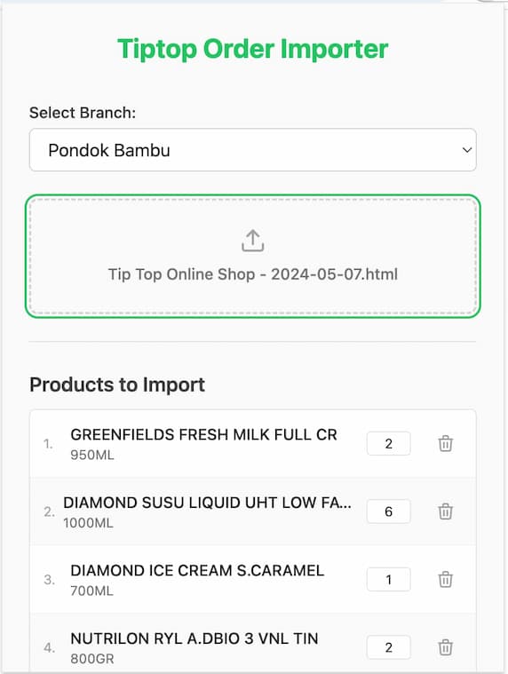 Screenshot: Setelah file HTML diunggah dan ekstensi membaca produk-produk
